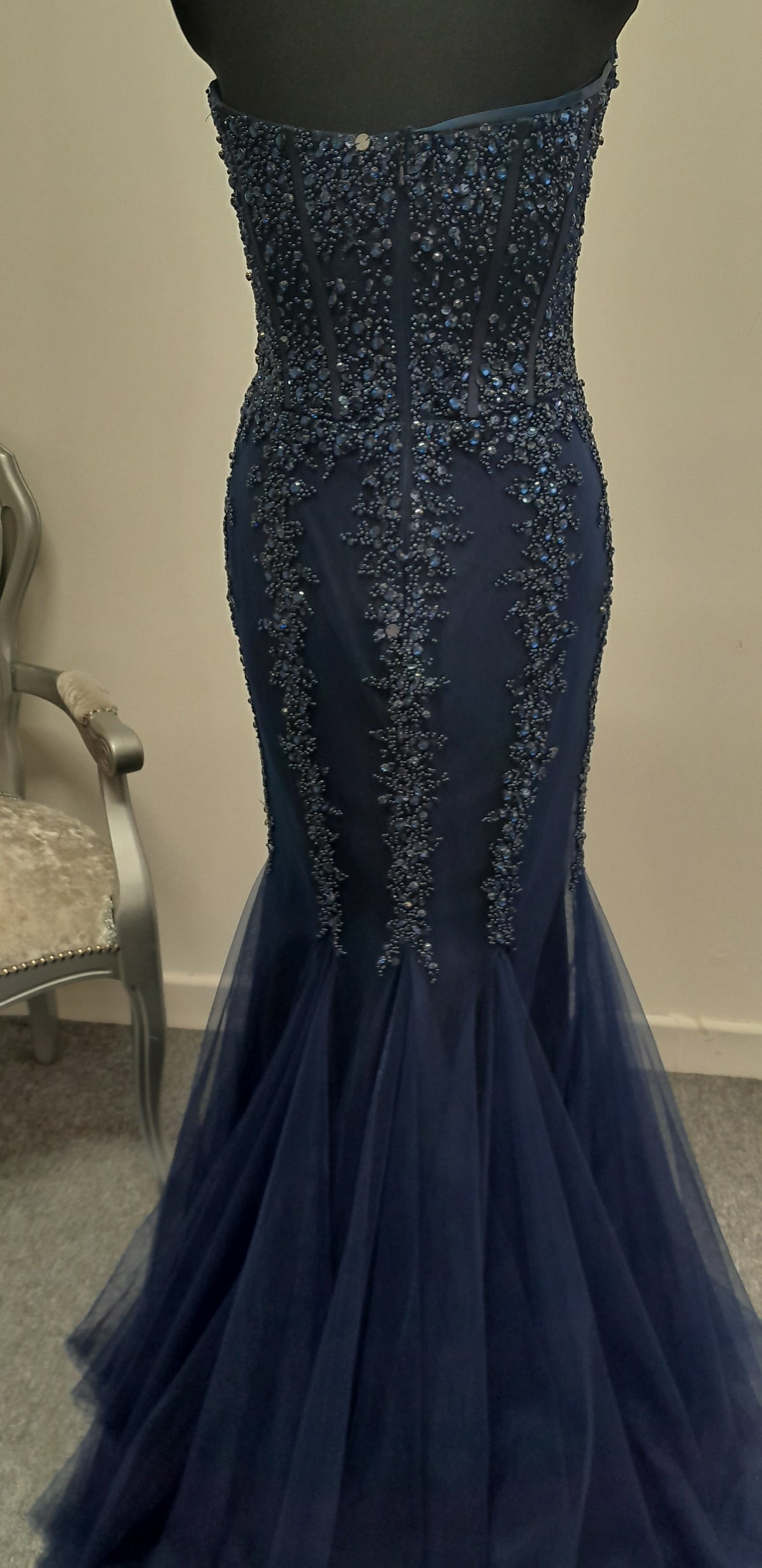 Stunning Navy Blue Sequined Mermaid Evening & Prom Dress – Size UK 8