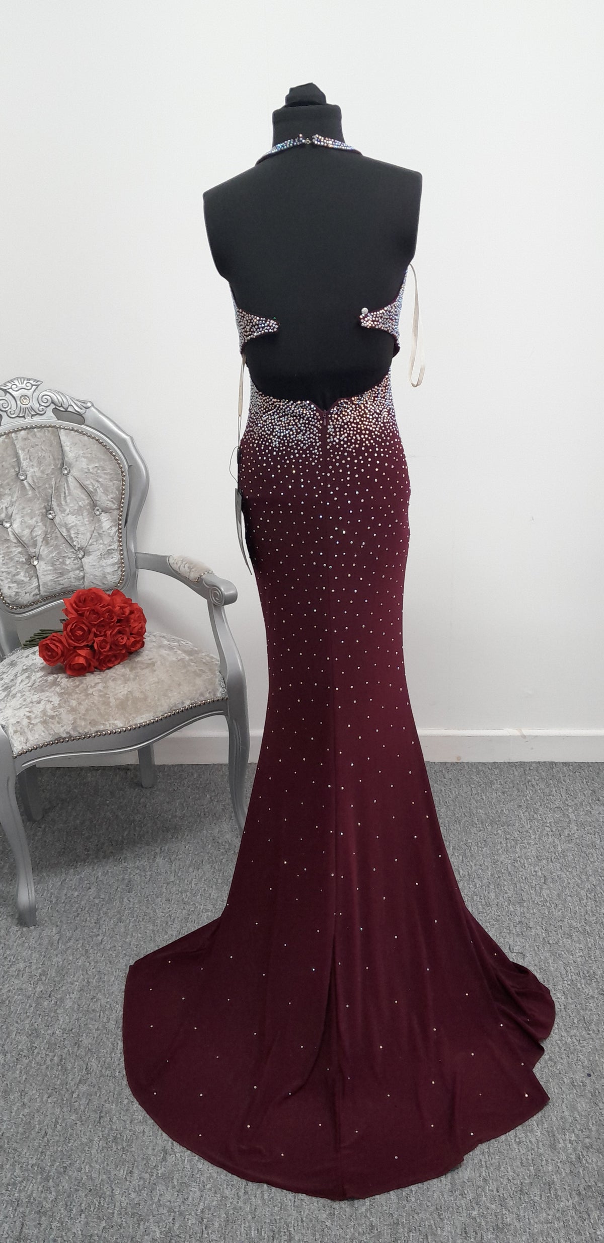 Wine Colour Crystal Embellished Evening & Prom Dress – Size UK 6