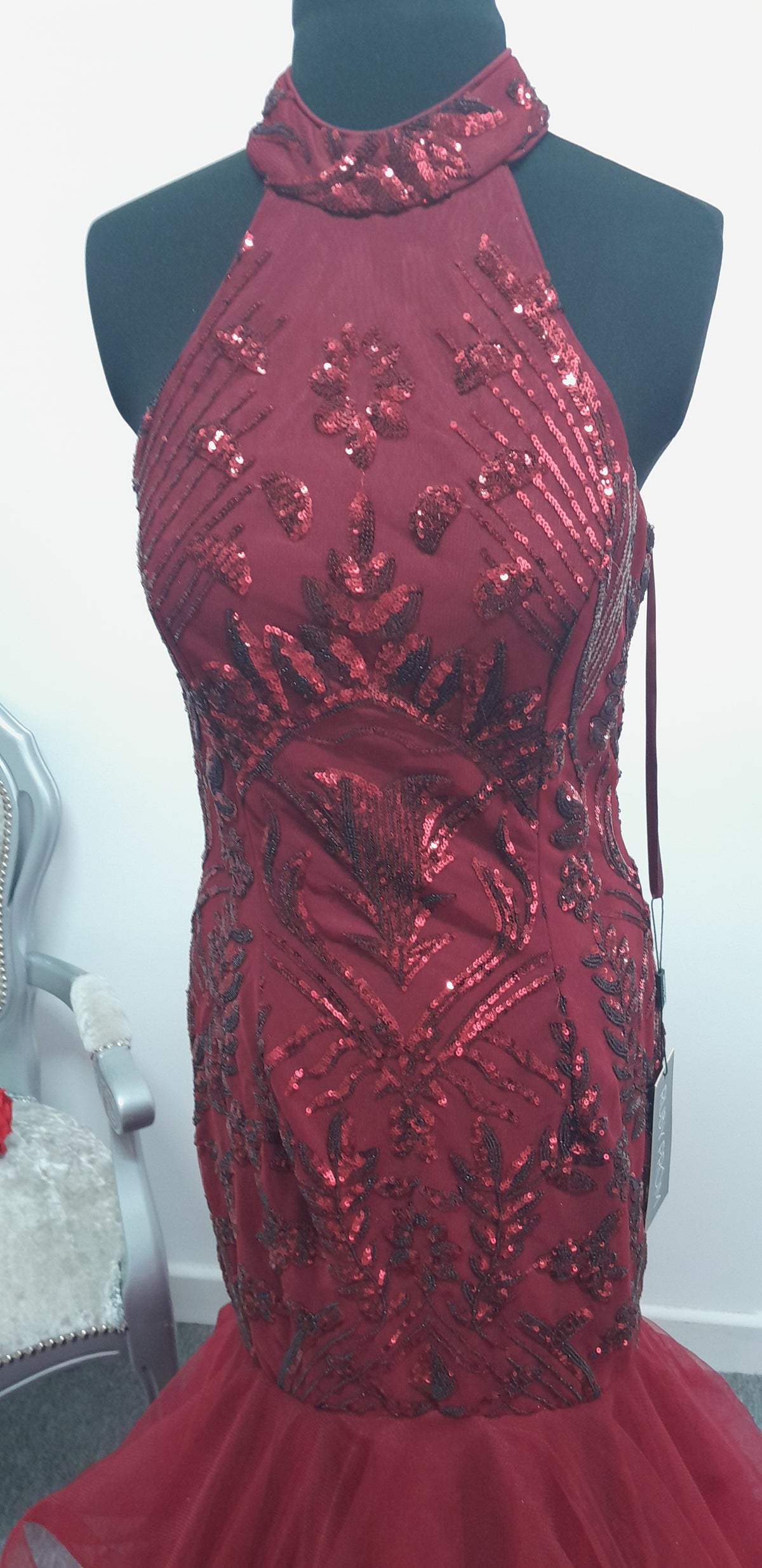 Stunning Burgundy Sequined High-Neck Mermaid Evening & Prom Dress – Size UK 10