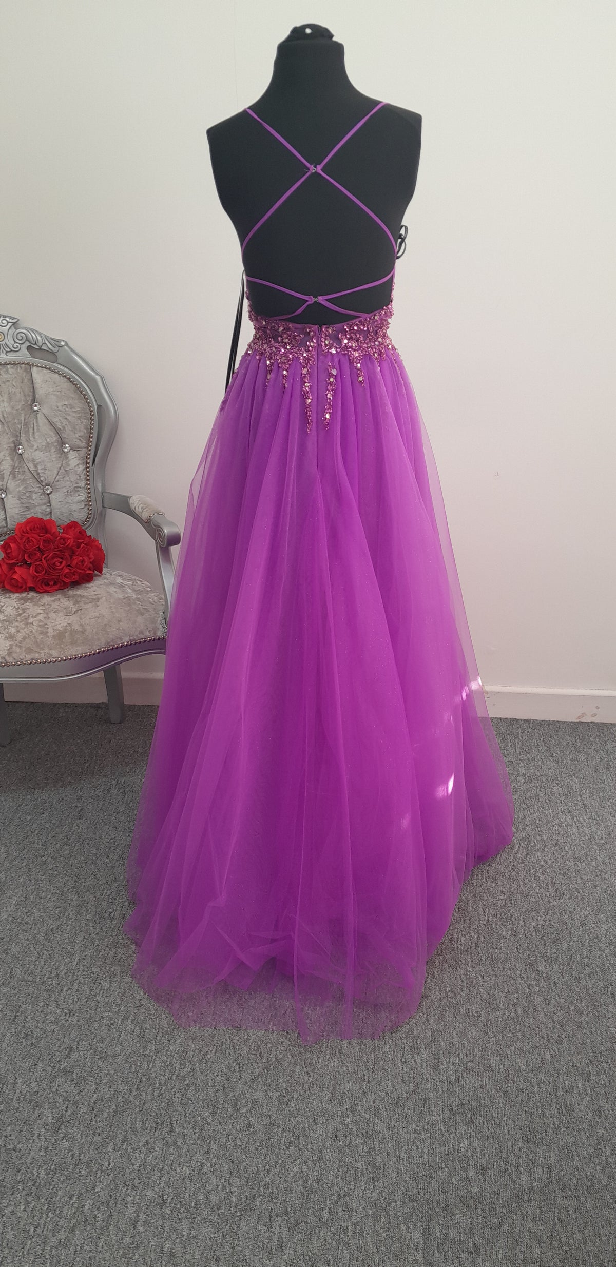 Stunning Purple Crystal Beaded Tulle Evening & Prom Dress – Size US 2 (UK 6)