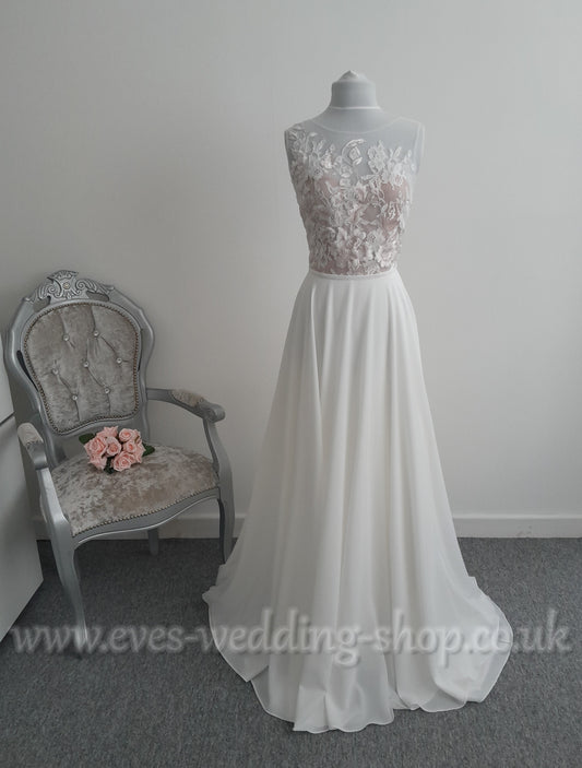 Ivory floral E. Ferrara chiffon wedding dress UK 12