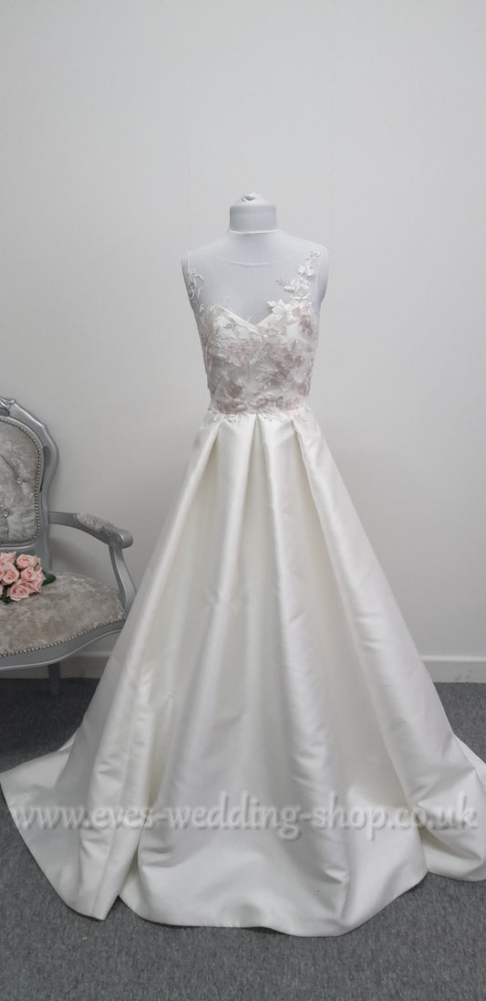 E . Ferrara ivory / floral bodice mikado satin wedding dress UK 12