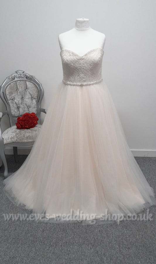 White Rose ivory rum pink tulle wedding dress UK 24