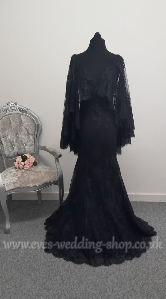 Ronald Joyce black wedding dress with detachable cape approx UK 8