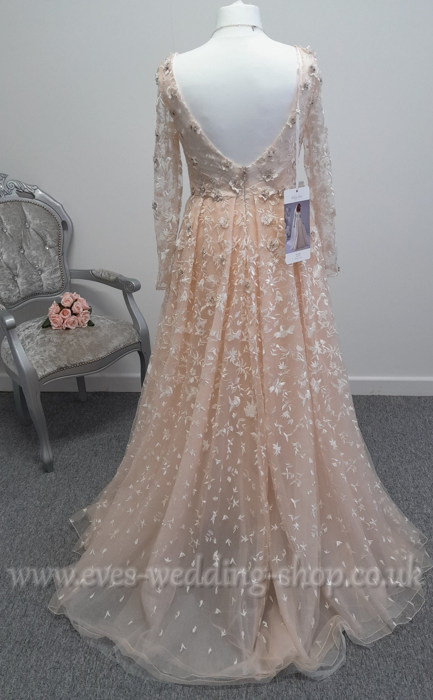 White one ''Olias'' pink wedding dress with sleeves UK 14