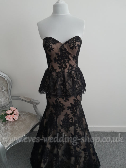 VM black/ champagne peplum lace special occasion prom dress UK 6