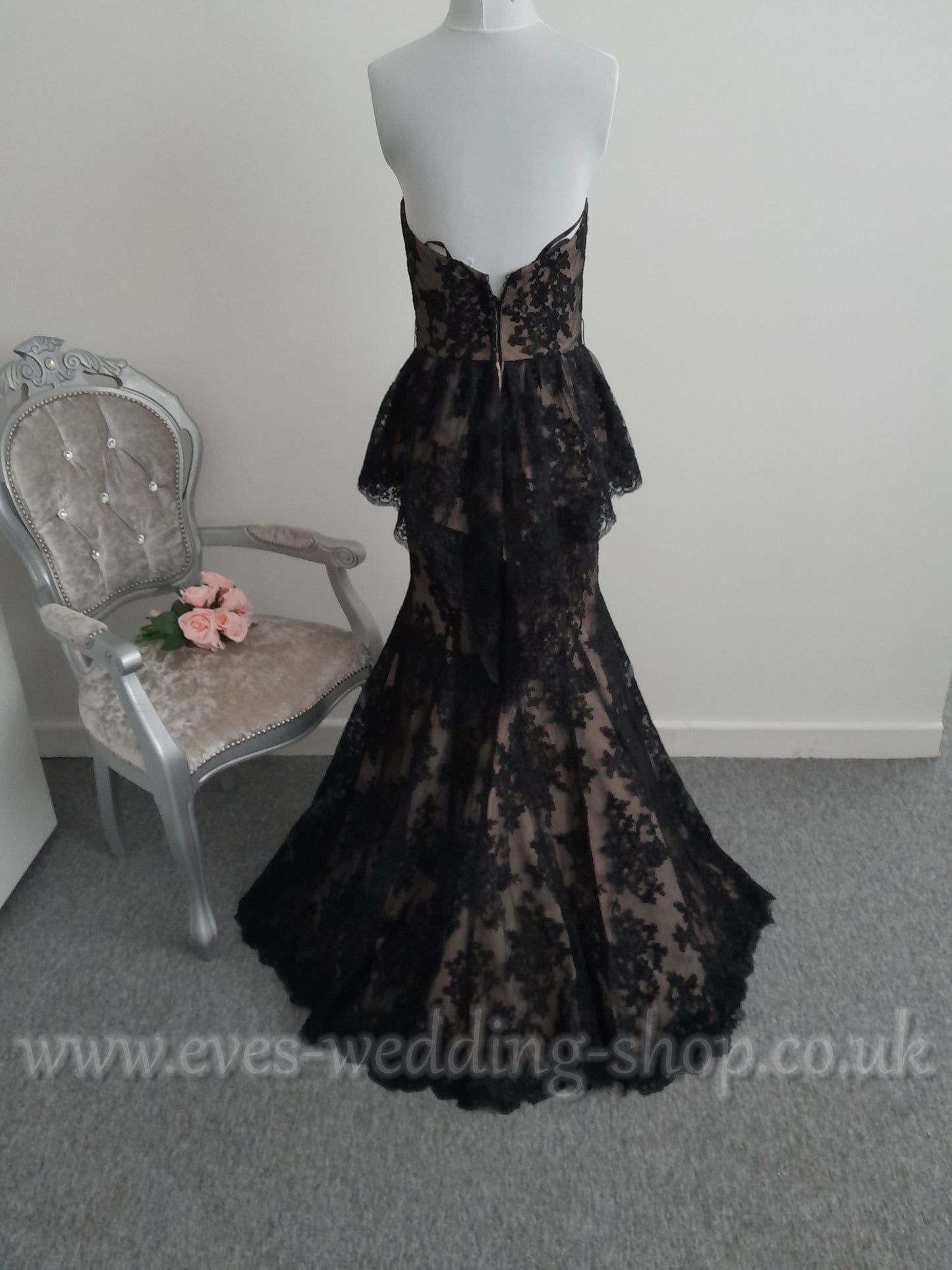 VM black/ champagne peplum lace wedding / prom dress UK 6