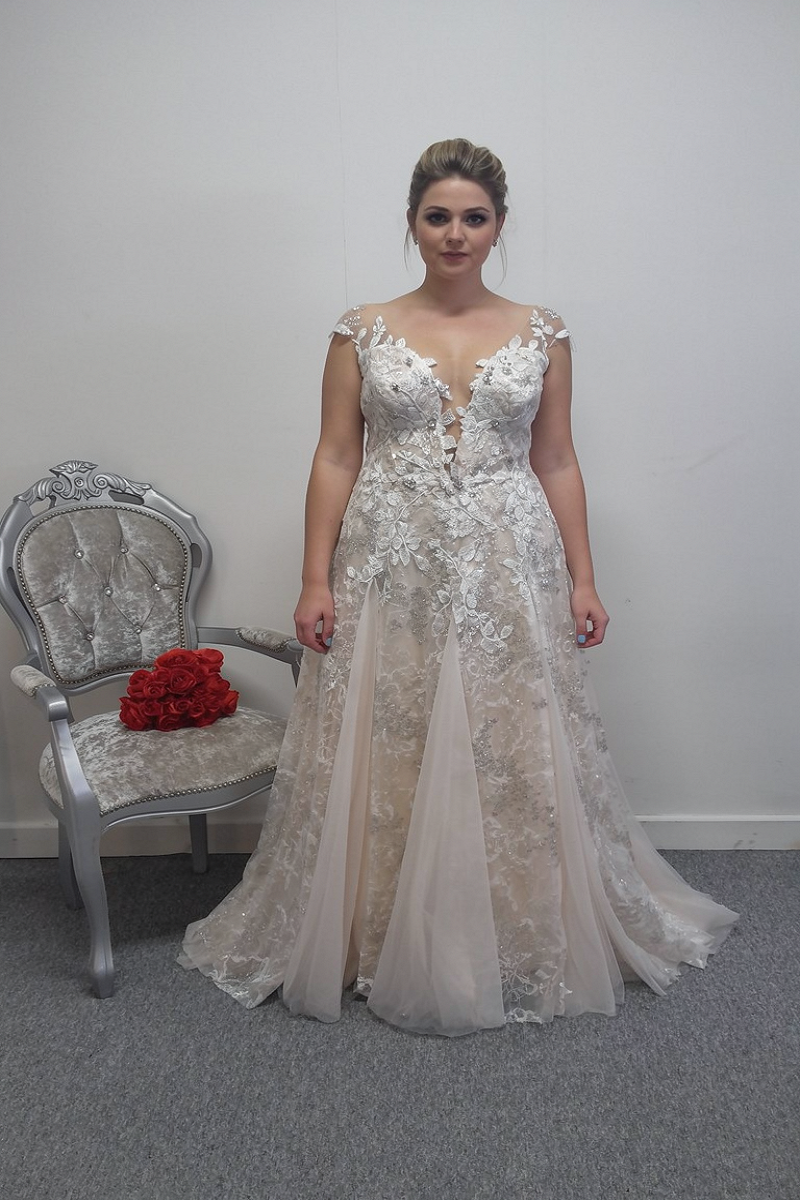 David's bridal Galina ivory champagne wedding dress US 12, UK 14 – Eve's Wedding Shop