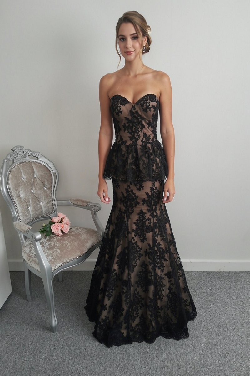 VM black/ champagne peplum lace special occasion prom dress UK 6
