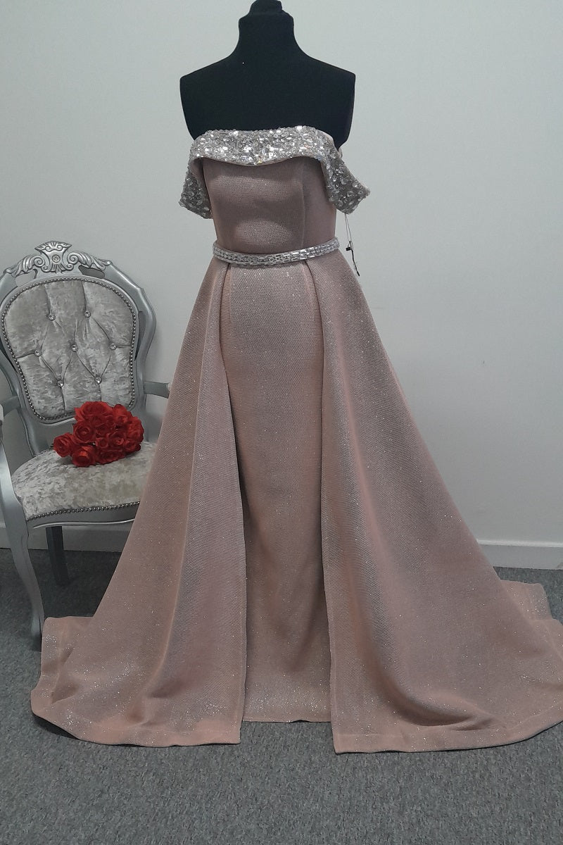 Glamorous off shoulder Pink Glitter evening / prom Gown with Overskirt UK 2 or 6