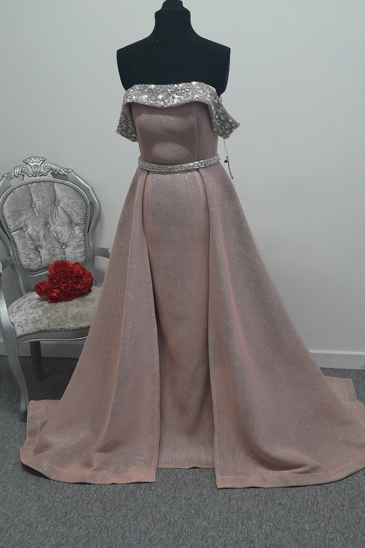 Glamorous off shoulder Pink Glitter evening / prom Gown with Overskirt UK 2 or 6