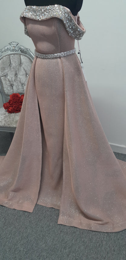 Glamorous off shoulder Pink Glitter evening / prom Gown with Overskirt UK 2 or 6