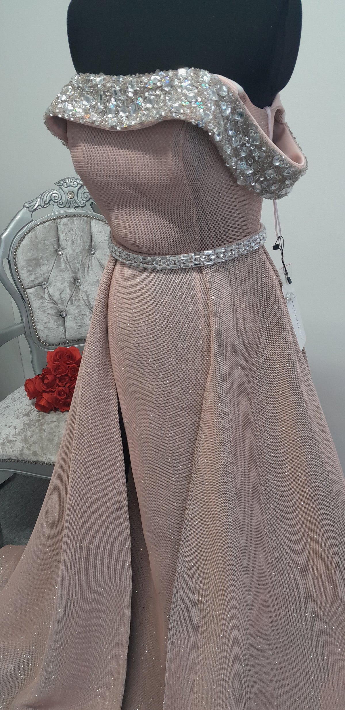 Glamorous off shoulder Pink Glitter evening / prom Gown with Overskirt UK 2 or 6