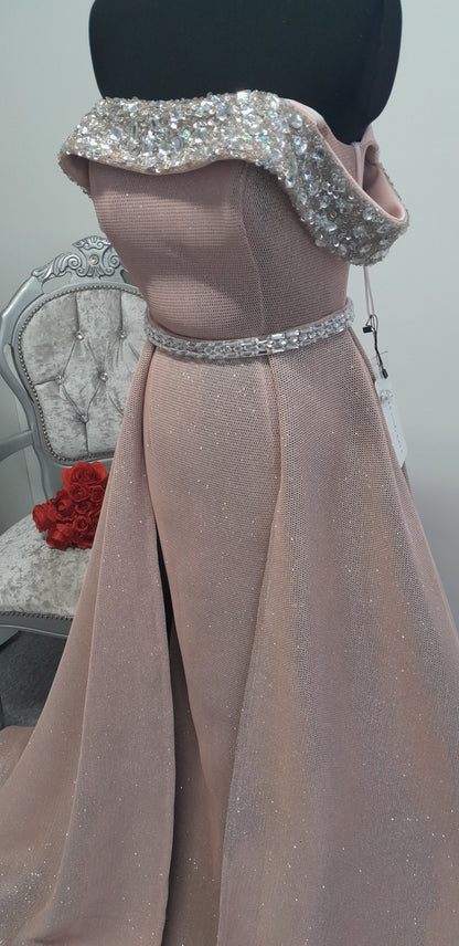 Glamorous off shoulder Pink Glitter evening / prom Gown with Overskirt UK 2 or 6