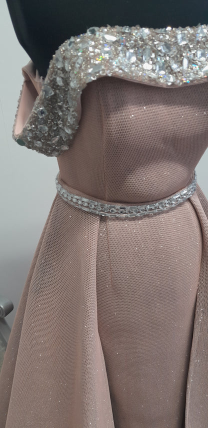 Glamorous off shoulder Pink Glitter evening / prom Gown with Overskirt UK 2 or 6