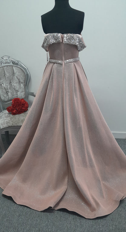 Glamorous off shoulder Pink Glitter evening / prom Gown with Overskirt UK 2 or 6