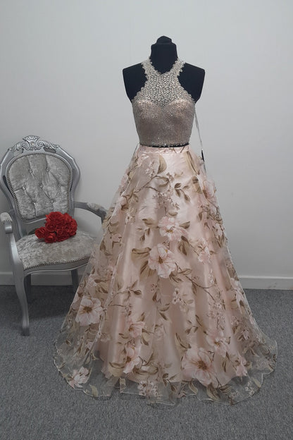 Stunning Floral & Beaded Two-Piece Evening & Prom Dress – Size UK 4