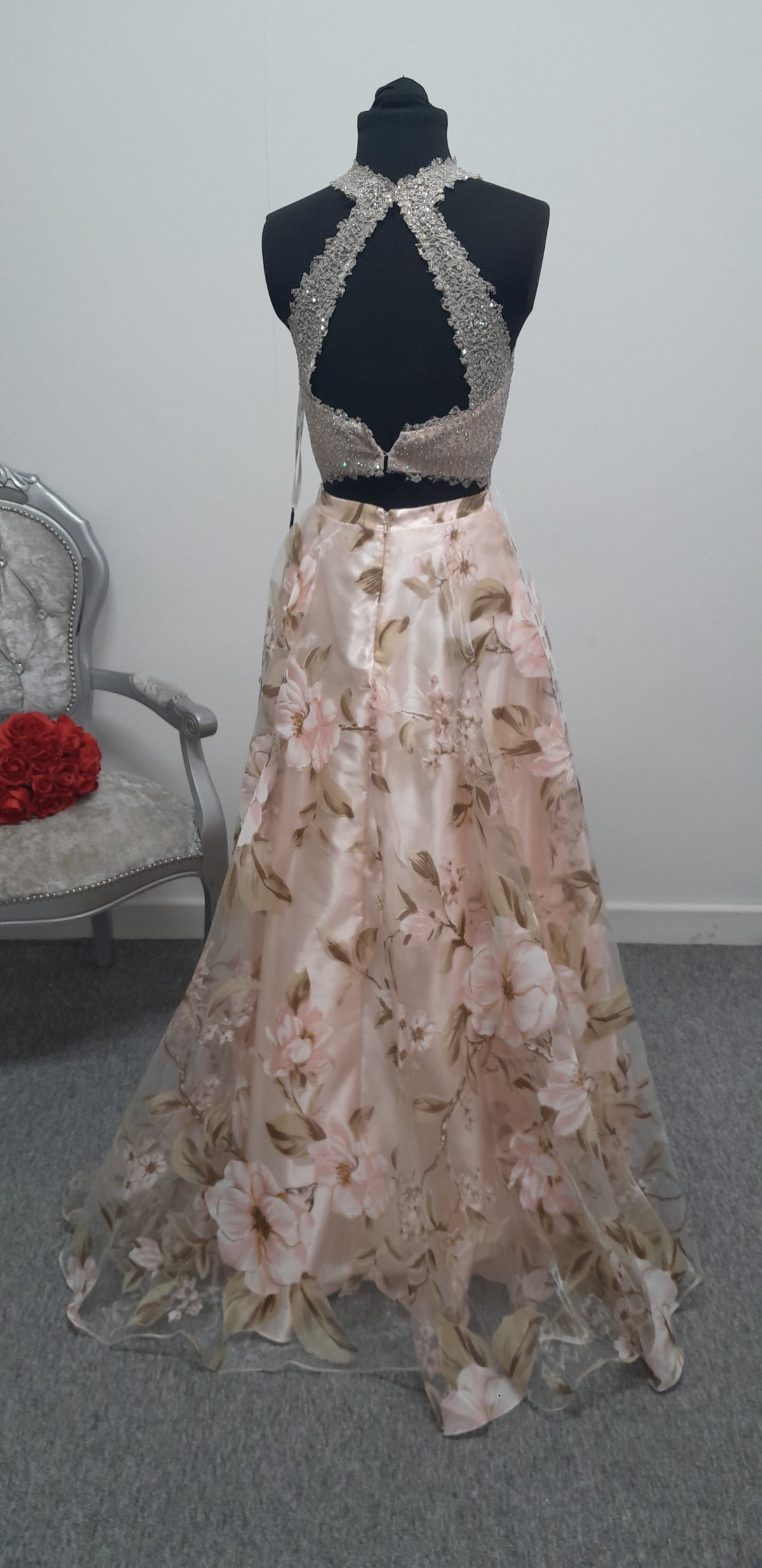 Stunning Floral & Beaded Two-Piece Evening & Prom Dress – Size UK 4