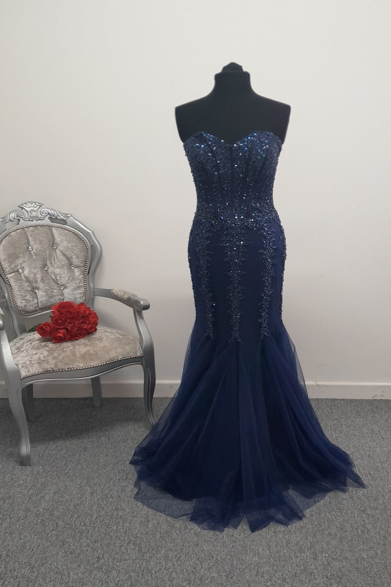 Stunning Navy Blue Sequined Mermaid Evening & Prom Dress – Size UK 8