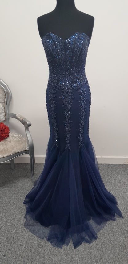 Stunning Navy Blue Sequined Mermaid Evening & Prom Dress – Size UK 8