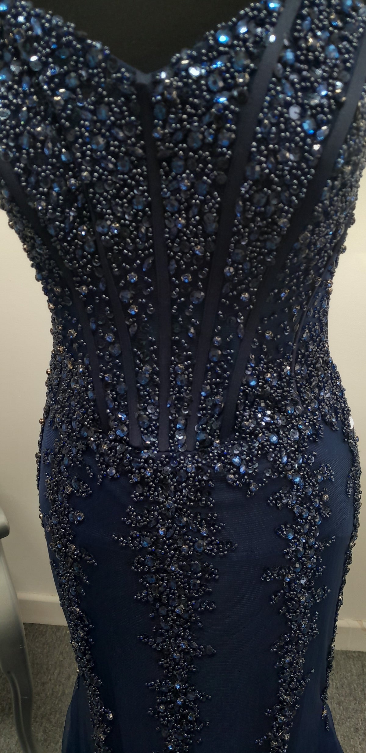 Stunning Navy Blue Sequined Mermaid Evening & Prom Dress – Size UK 8