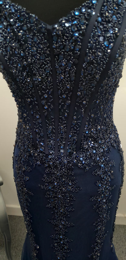 Stunning Navy Blue Sequined Mermaid Evening & Prom Dress – Size UK 8