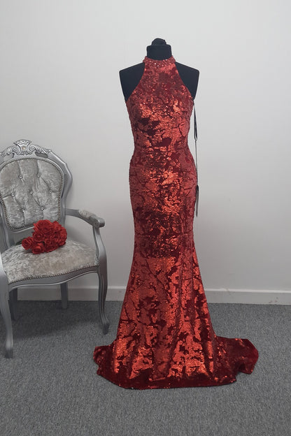 Stunning Crimson Red Sequined Halterneck Evening & Prom Dress – Size UK 8