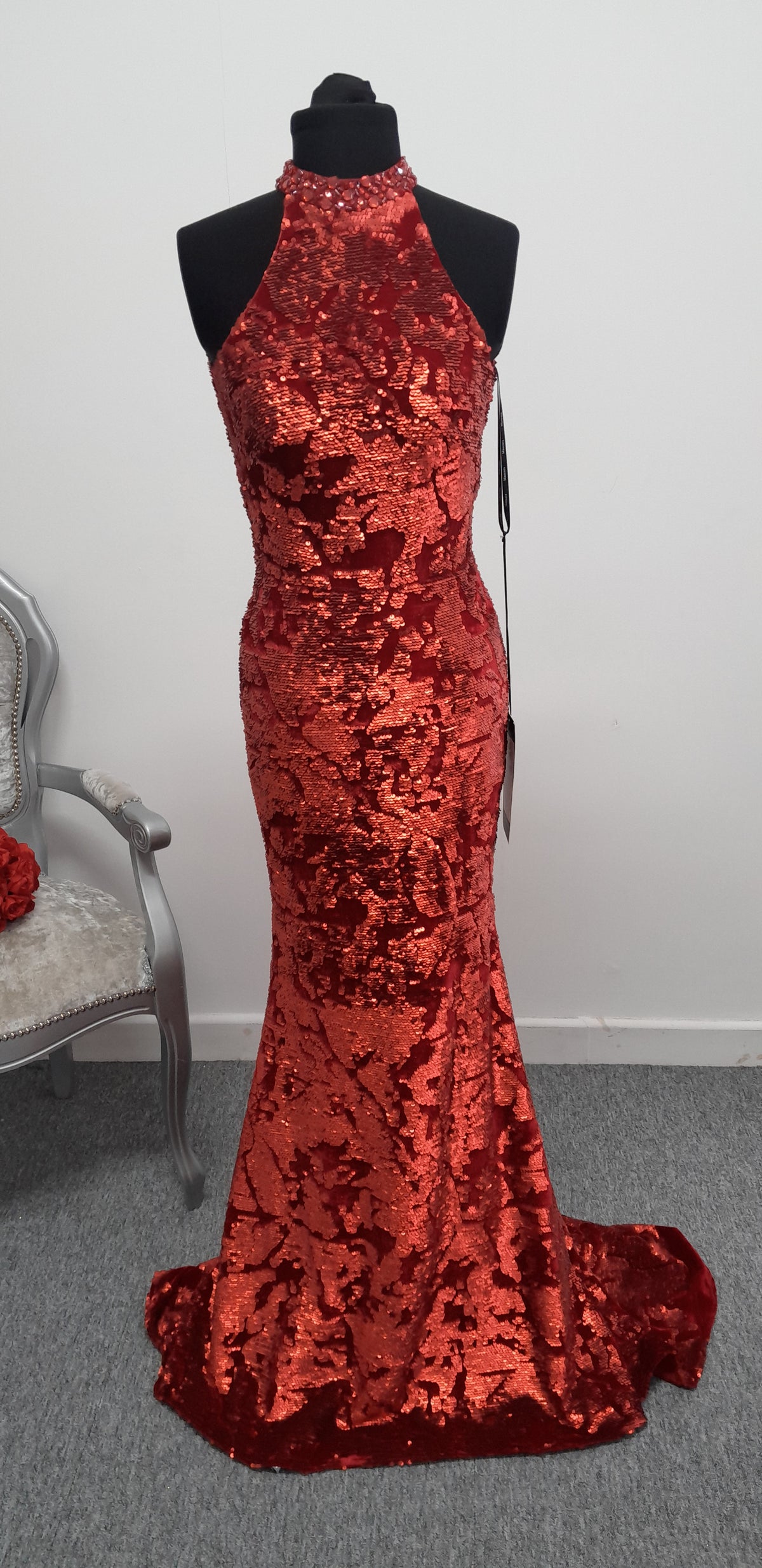 Stunning Crimson Red Sequined Halterneck Evening & Prom Dress – Size UK 8