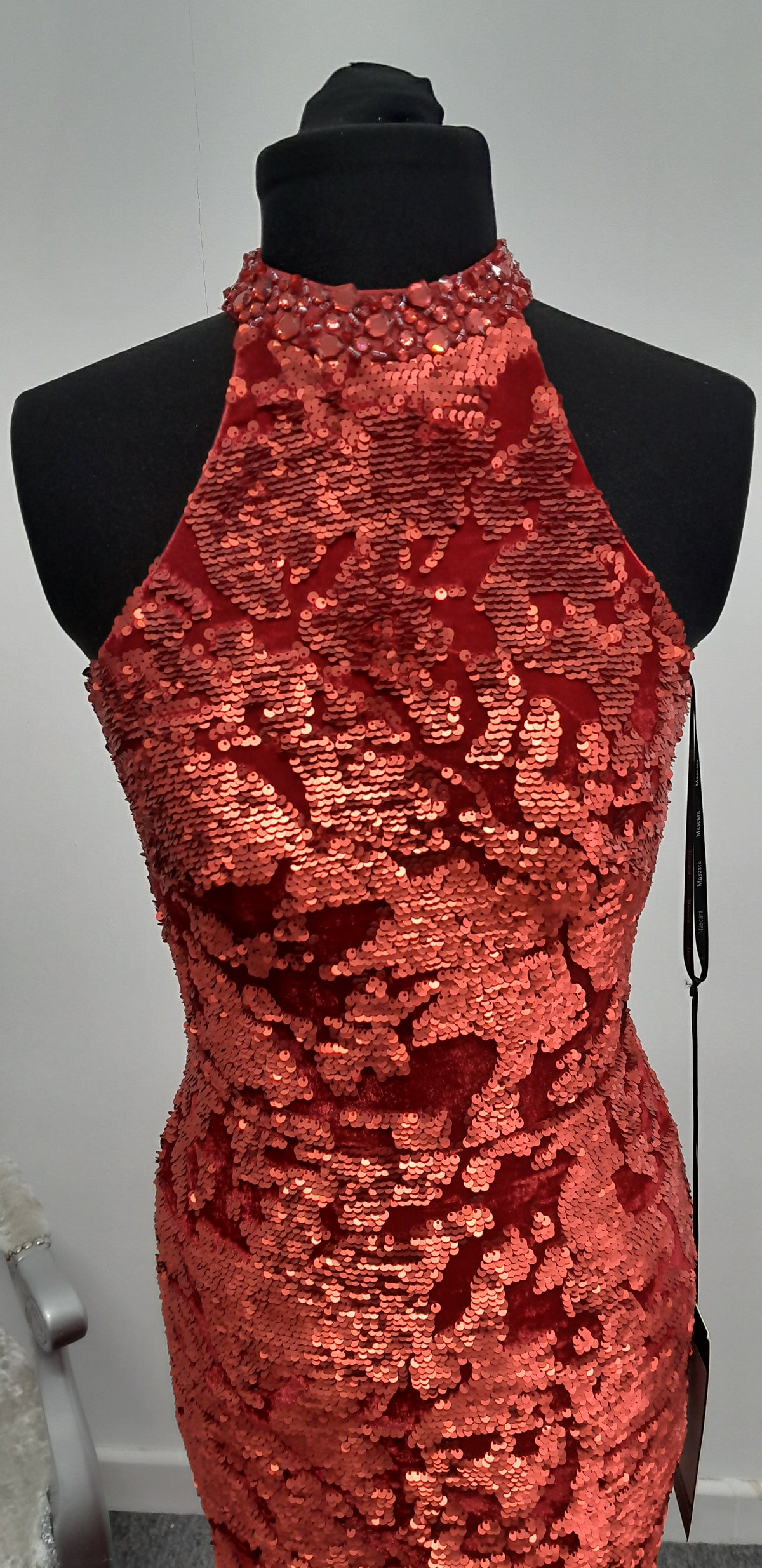 Stunning Crimson Red Sequined Halterneck Evening & Prom Dress – Size UK 8