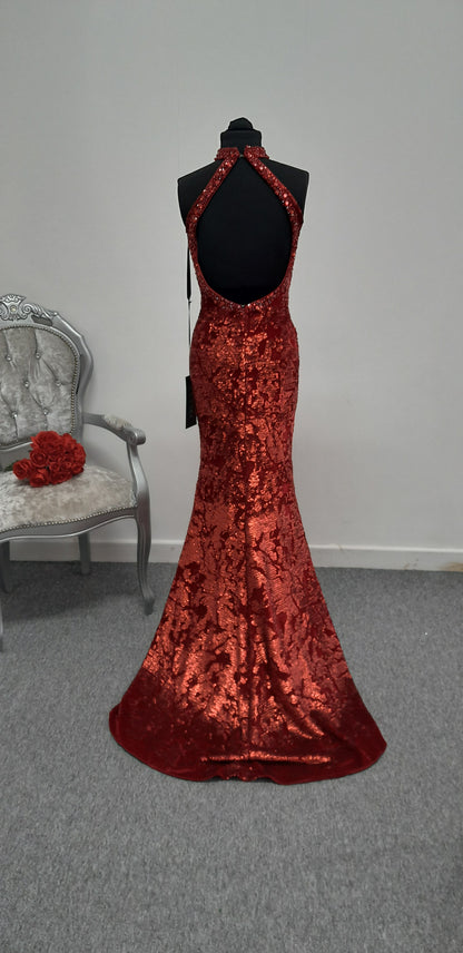 Stunning Crimson Red Sequined Halterneck Evening & Prom Dress – Size UK 8