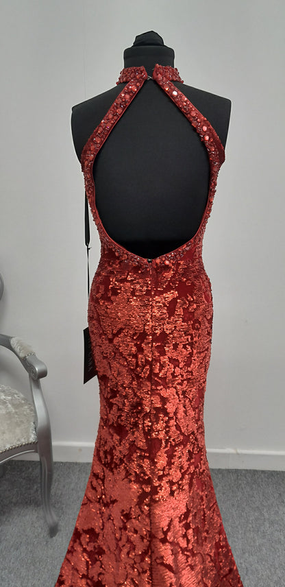 Stunning Crimson Red Sequined Halterneck Evening & Prom Dress – Size UK 8
