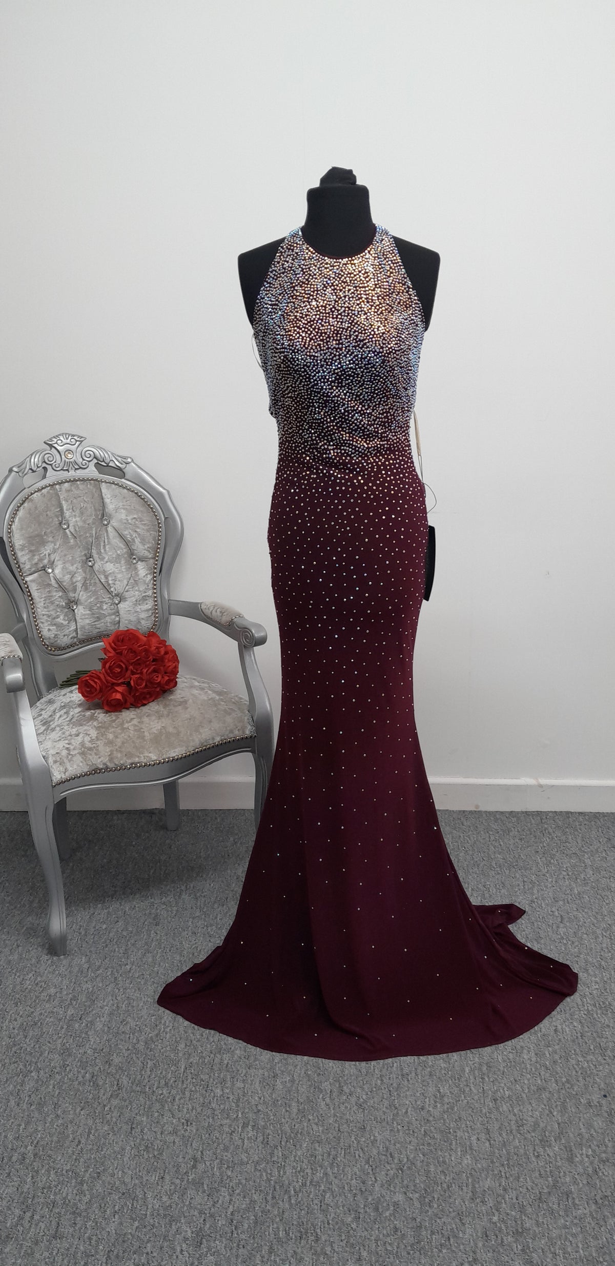 Wine Colour Crystal Embellished Evening & Prom Dress – Size UK 6