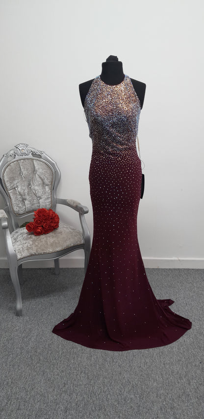 Wine Colour Crystal Embellished Evening & Prom Dress – Size UK 6