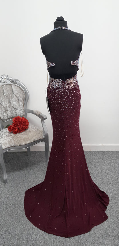 Wine Colour Crystal Embellished Evening & Prom Dress – Size UK 6