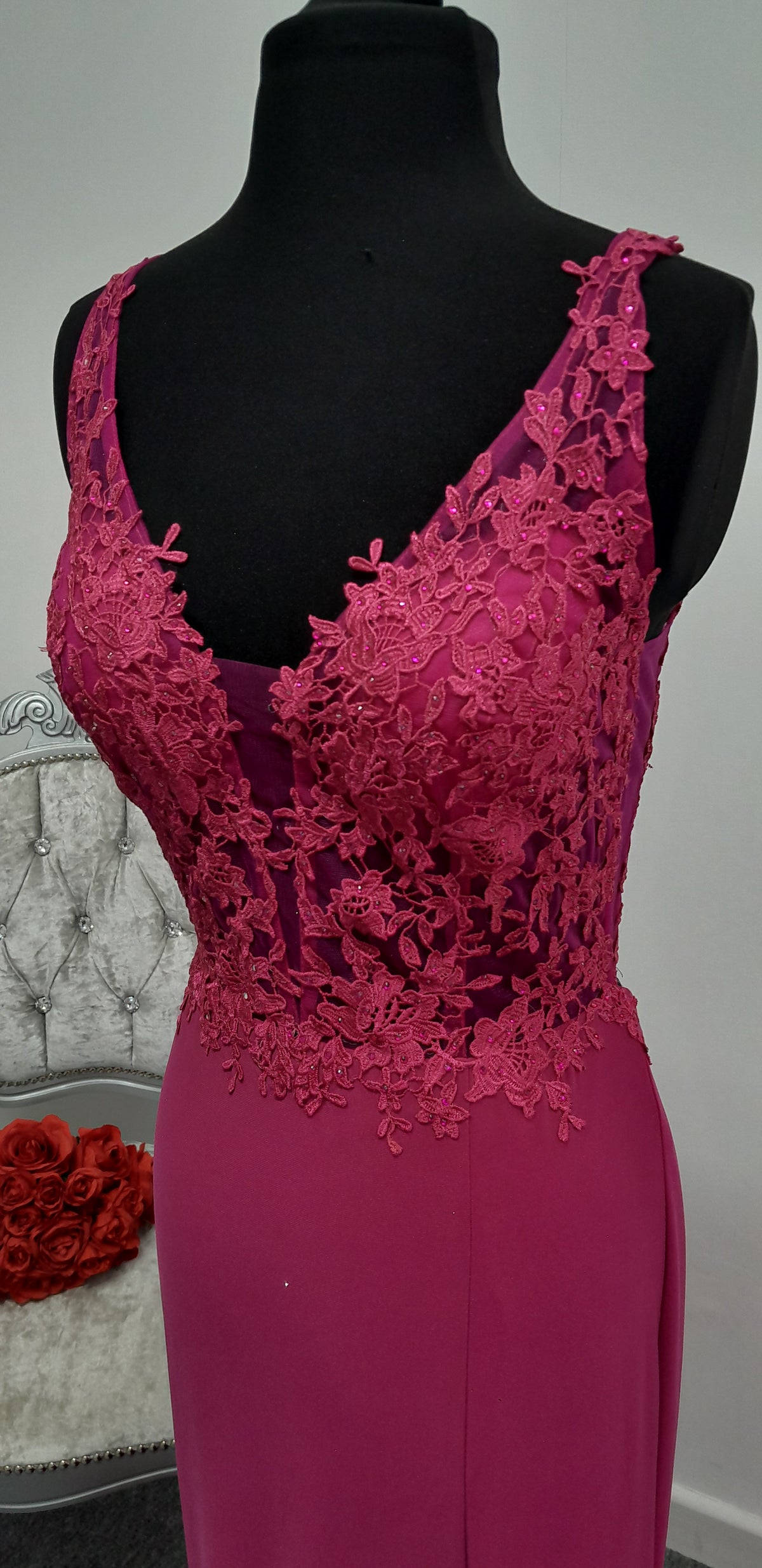 Stunning Magenta Pink Lace Evening & Prom Dress – Size UK 12