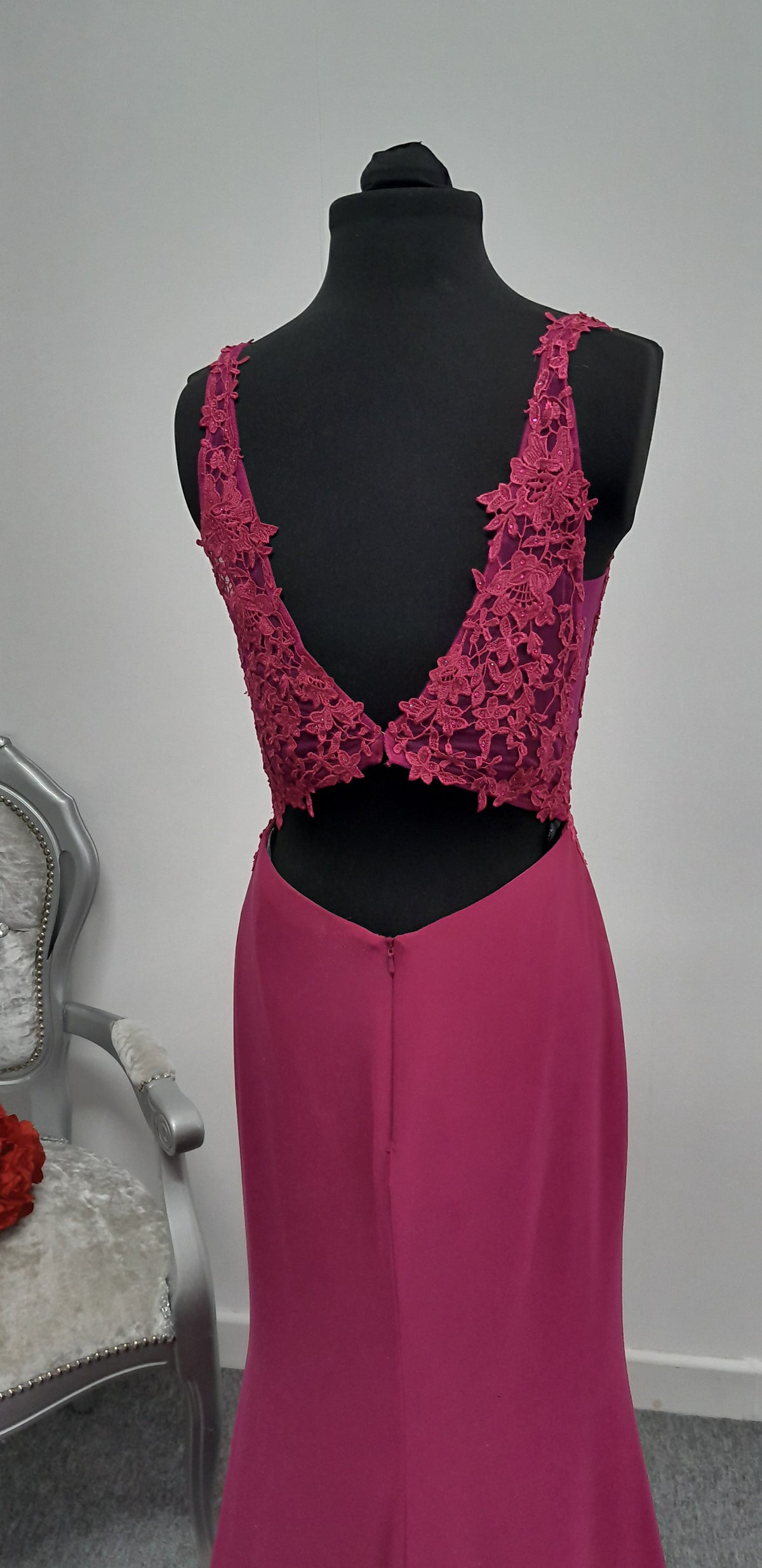 Stunning Magenta Pink Lace Evening & Prom Dress – Size UK 12