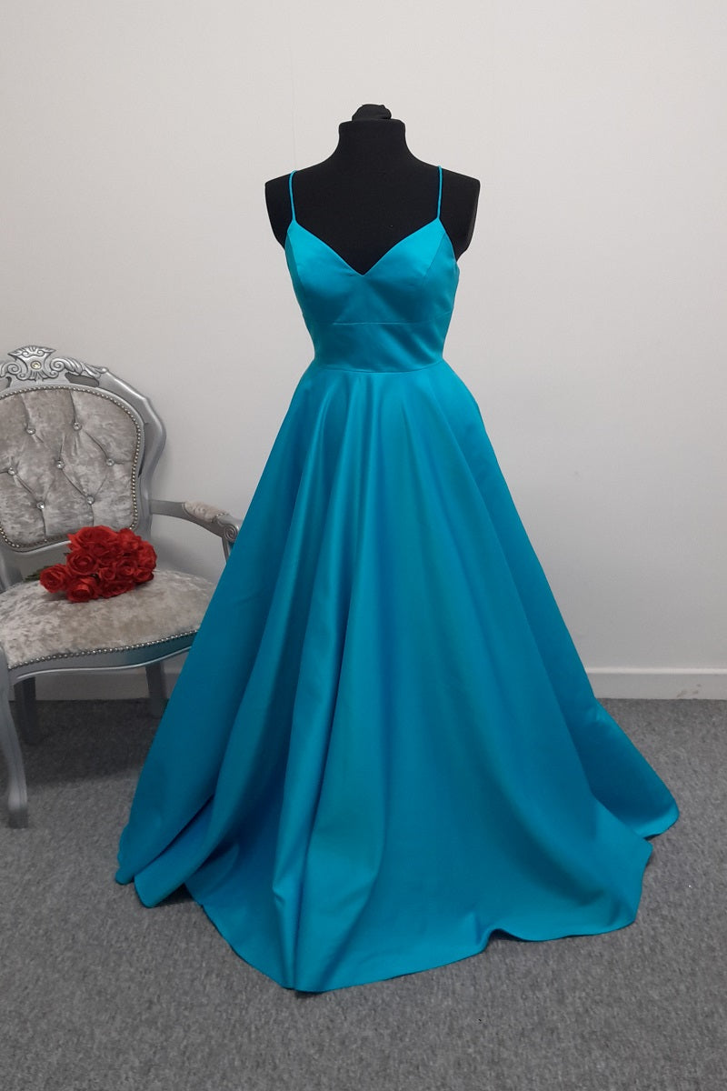 Stunning Turquoise Satin Evening & Prom Dress – Size UK 6