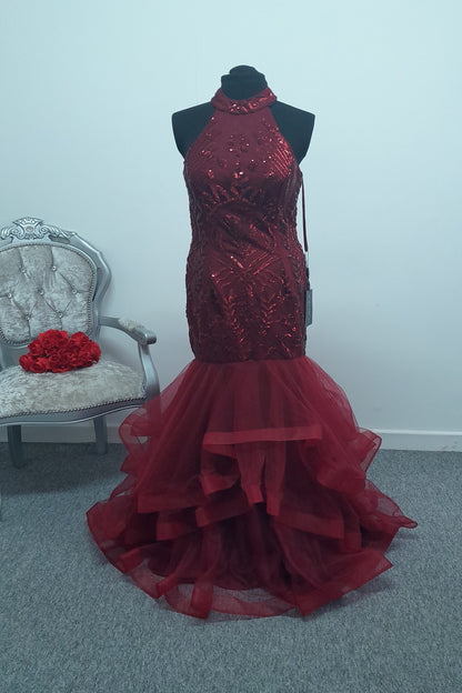 Stunning Burgundy Sequined High-Neck Mermaid Evening & Prom Dress – Size UK 10