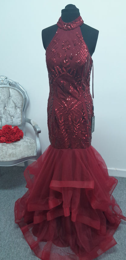 Stunning Burgundy Sequined High-Neck Mermaid Evening & Prom Dress – Size UK 10