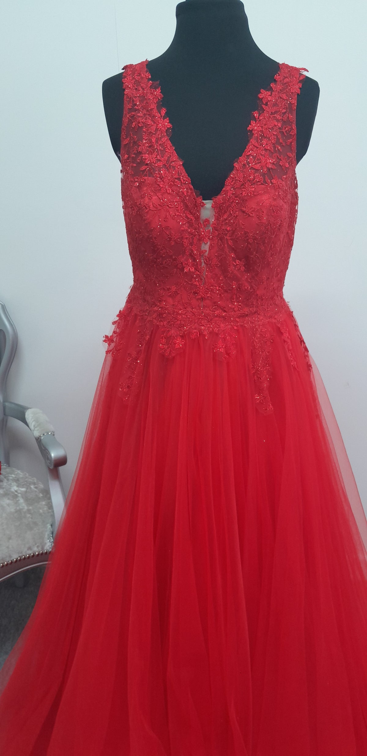 Stunning Crimson Red Lace & Tulle Evening & Prom Dress – Size EU 44 (UK 14)