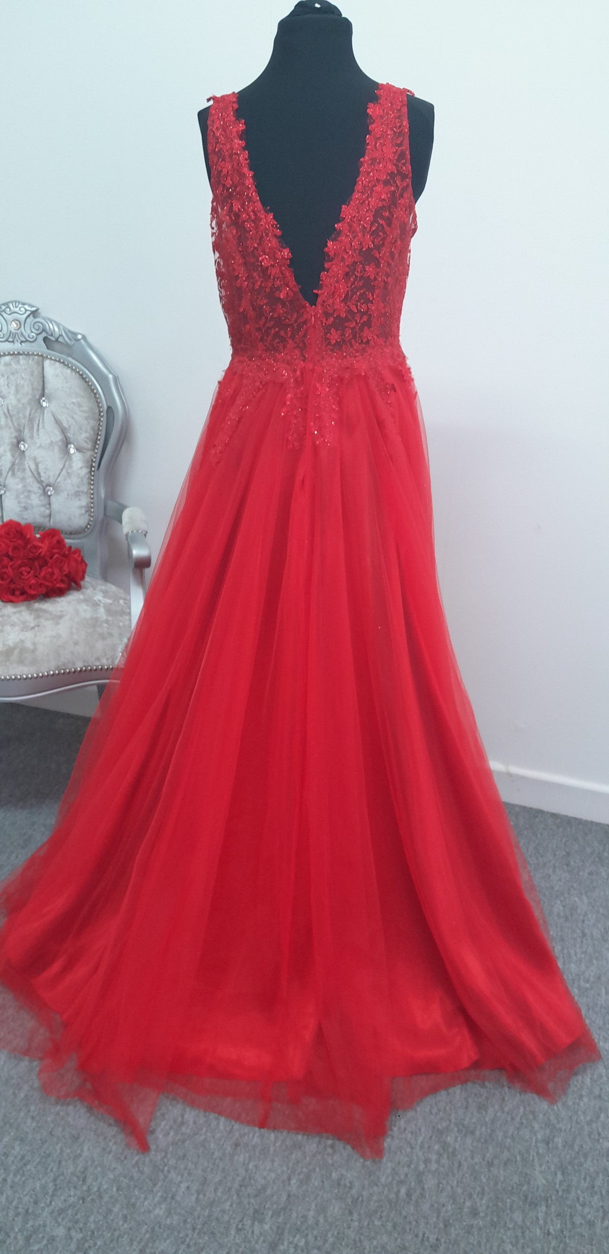 Stunning Crimson Red Lace & Tulle Evening & Prom Dress – Size EU 44 (UK 14)
