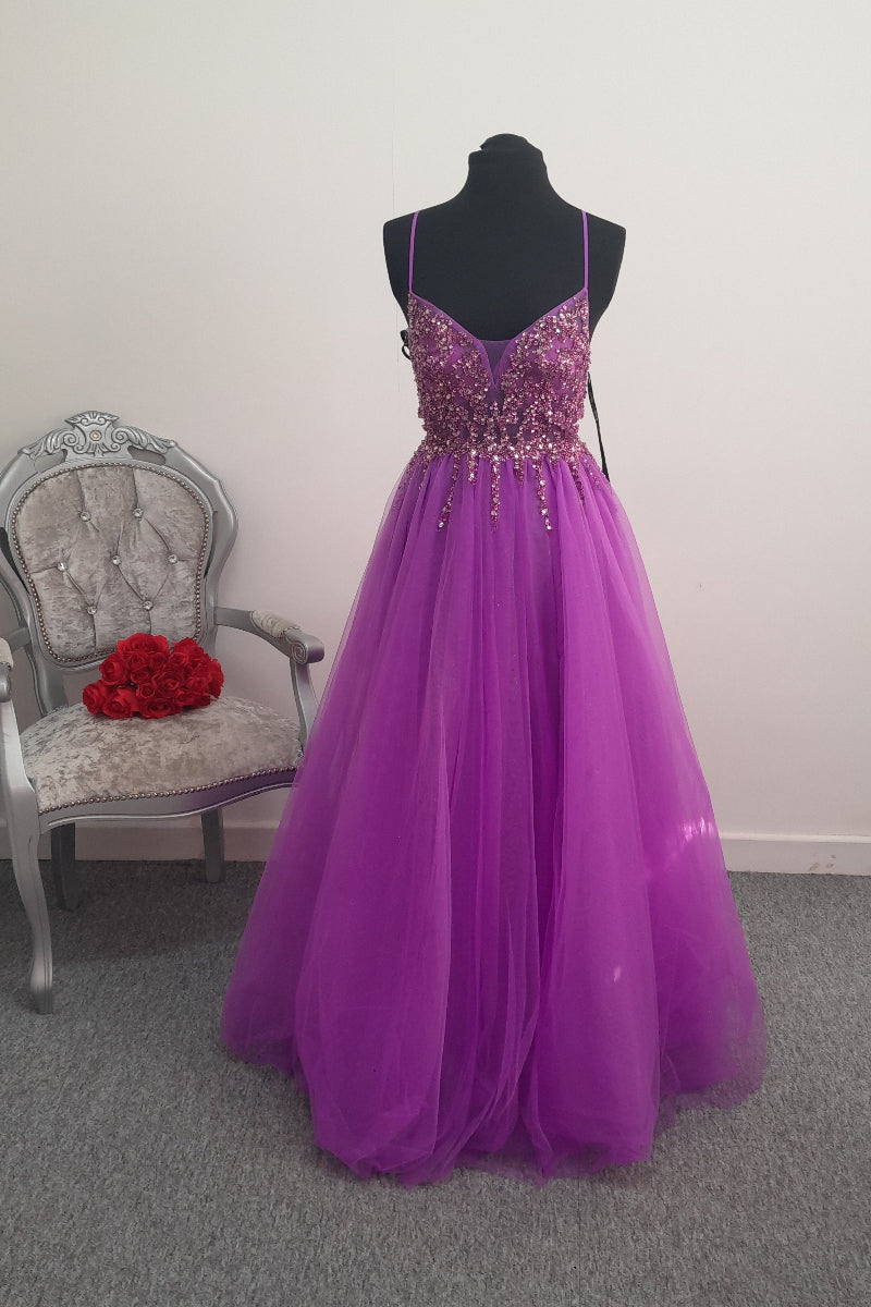 Stunning Purple Crystal Beaded Tulle Evening & Prom Dress – Size US 2 (UK 6)