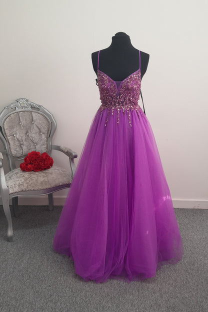 Stunning Purple Crystal Beaded Tulle Evening & Prom Dress – Size US 2 (UK 6)