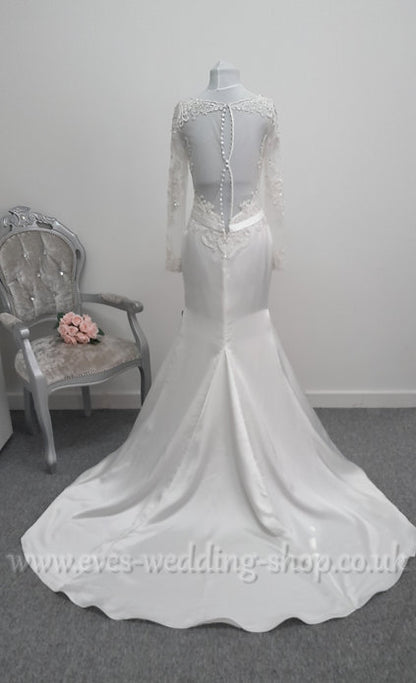Demetrios ivory satin wedding dress with sleeves UK 8