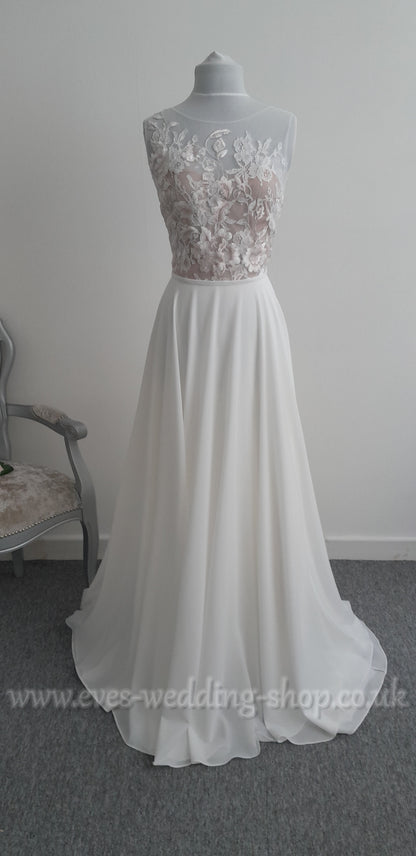 Ivory floral E. Ferrara chiffon wedding dress UK 12