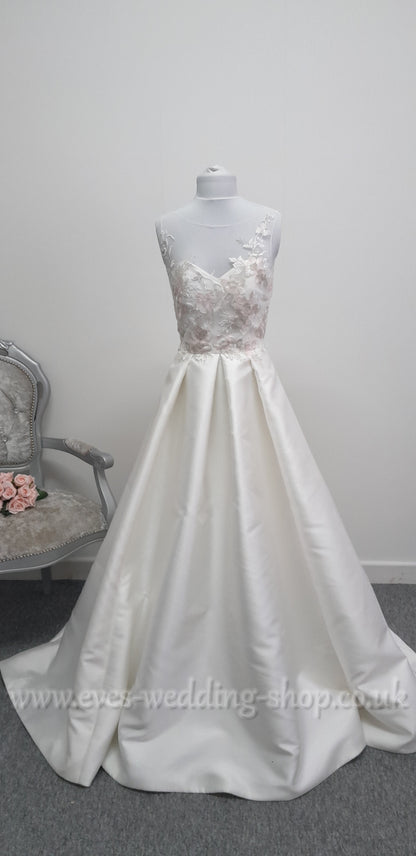 E . Ferrara ivory / floral bodice mikado satin wedding dress UK 12