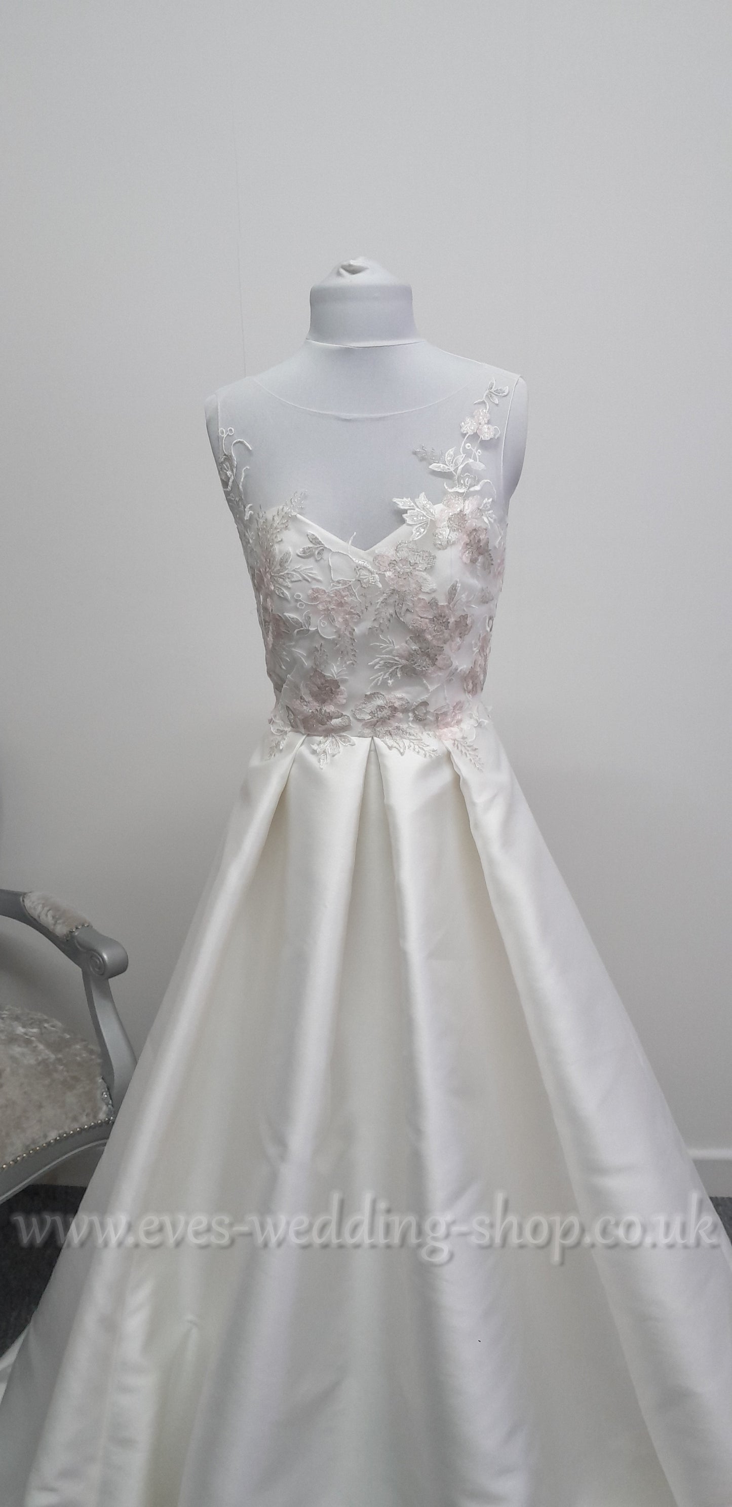 E . Ferrara ivory / floral bodice mikado satin wedding dress UK 12