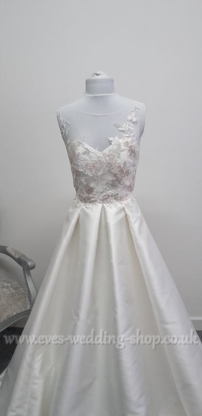 E . Ferrara ivory / floral bodice mikado satin wedding dress UK 12