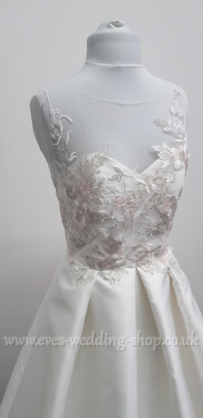 E . Ferrara ivory / floral bodice mikado satin wedding dress UK 12