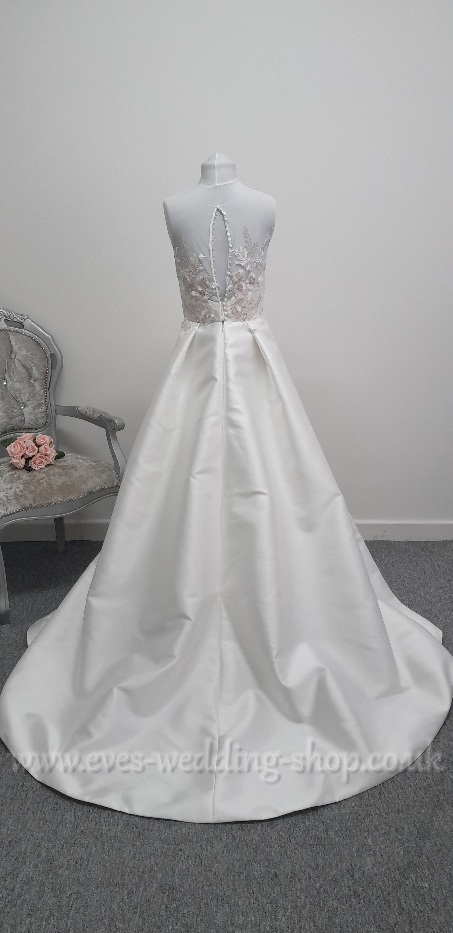E . Ferrara ivory / floral bodice mikado satin wedding dress UK 12